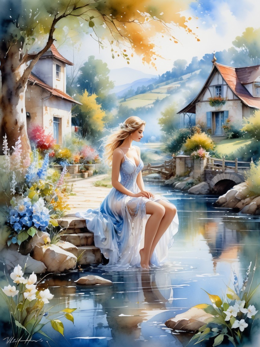 Young Woman in Blue Dress by Tranquil River Scene