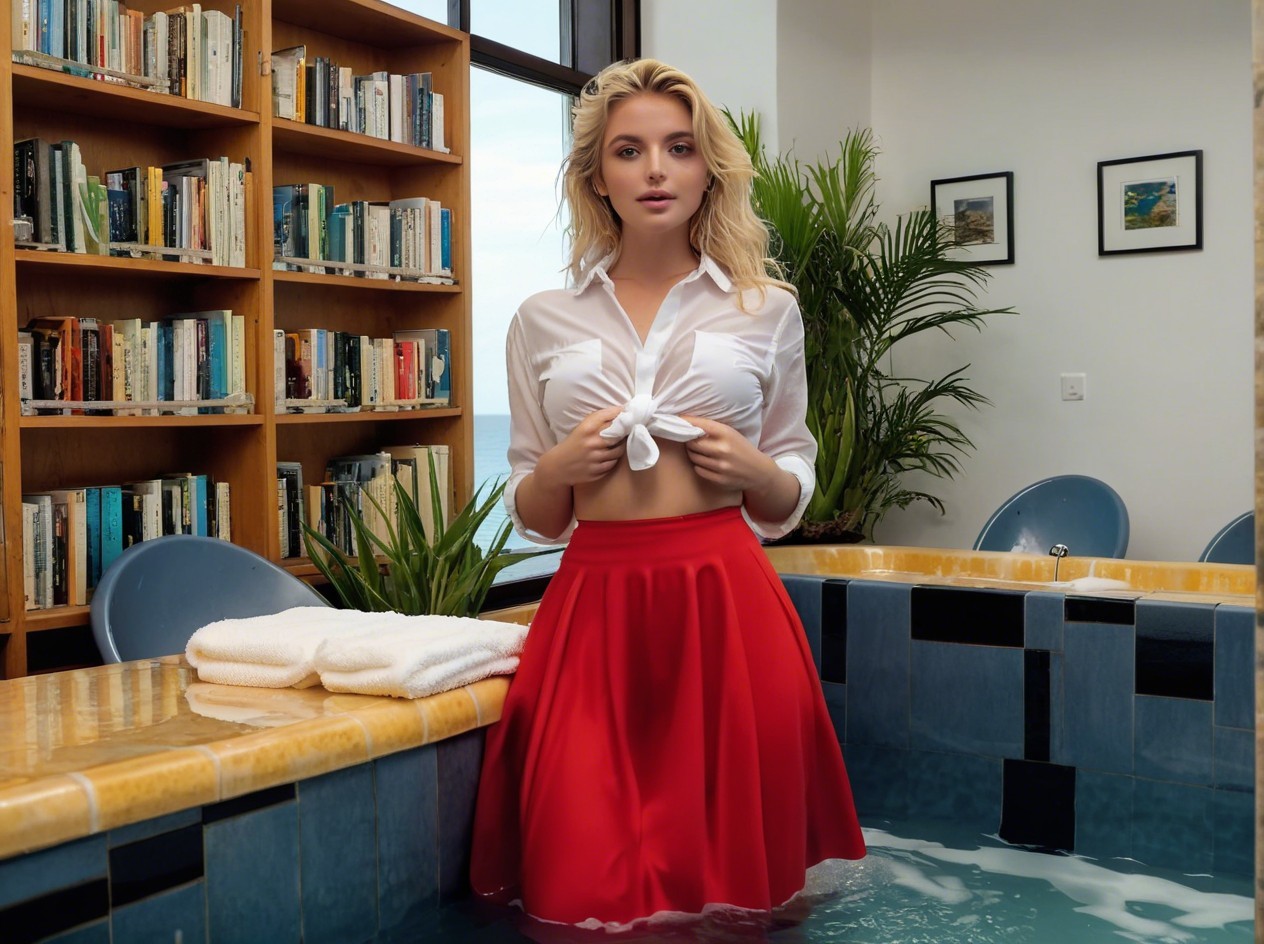 Blonde Woman in Wet Outfit at Indoor Pool Setting