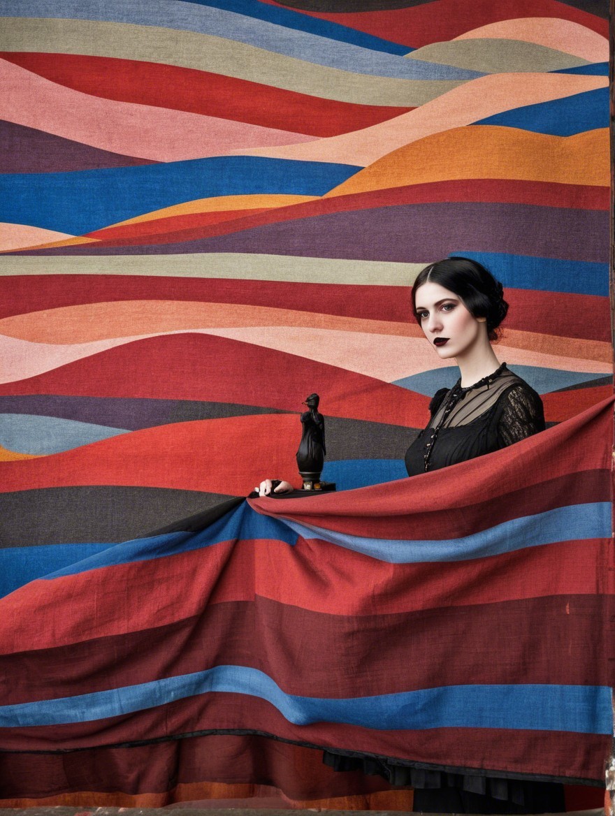 Woman in Black Lace Against Colorful Swirling Background