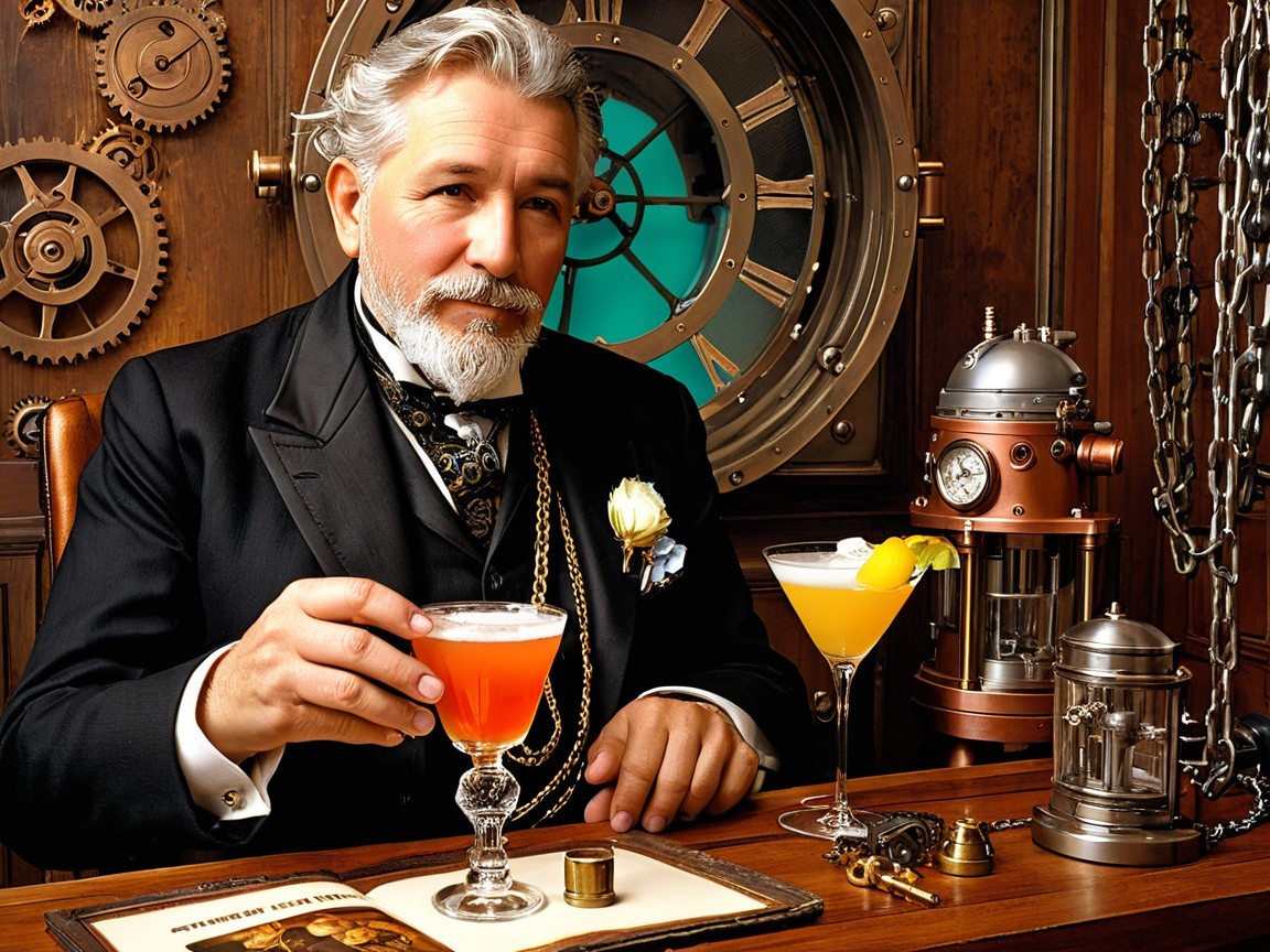 Distinguished Man in Steampunk Setting with Cocktail