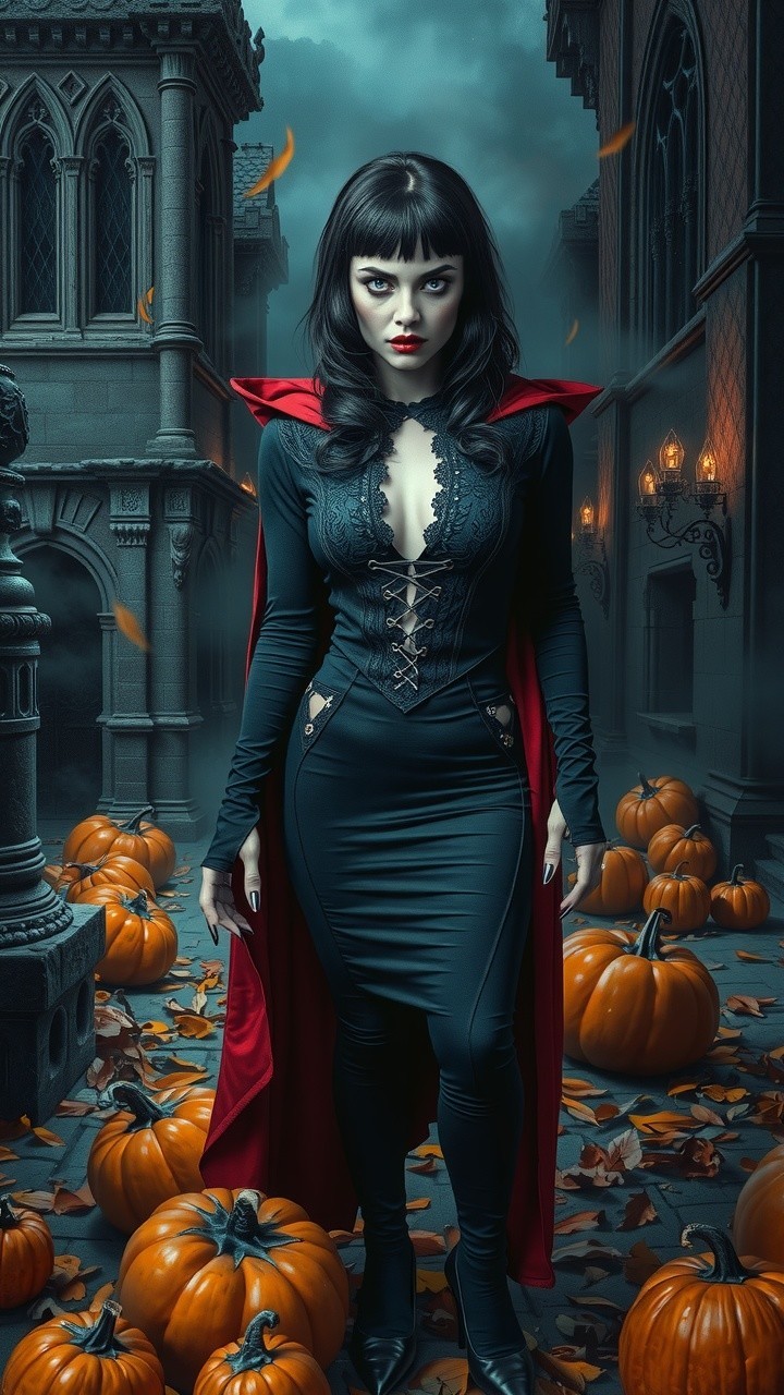 Gothic Woman in Black Dress with Red Cape and Pumpkins