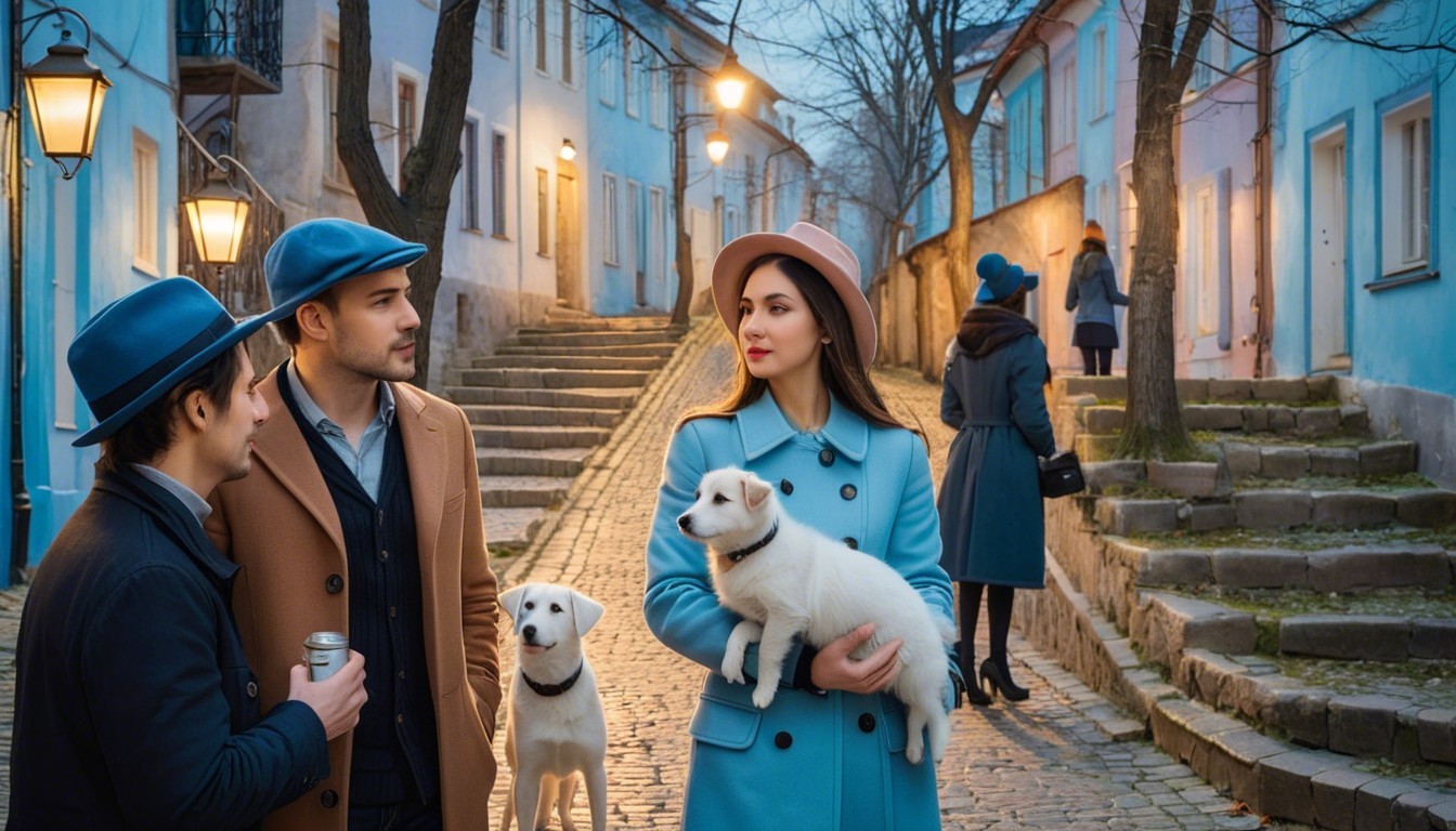 Evening Stroll on a Cobblestone Street with Friends