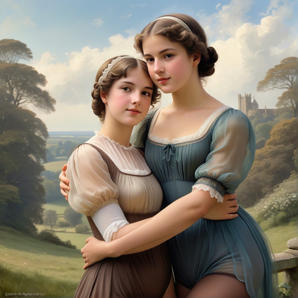 Young Women in Vintage Clothing in Serene Landscape