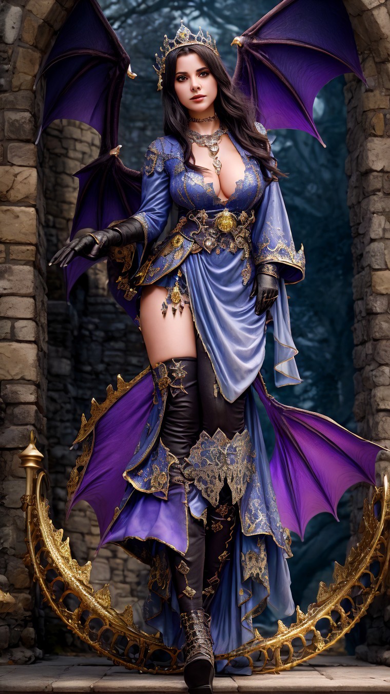 Mystical Figure in Intricate Gown with Bat Wings
