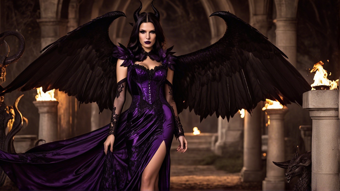 Elegant figure with black wings in ancient setting