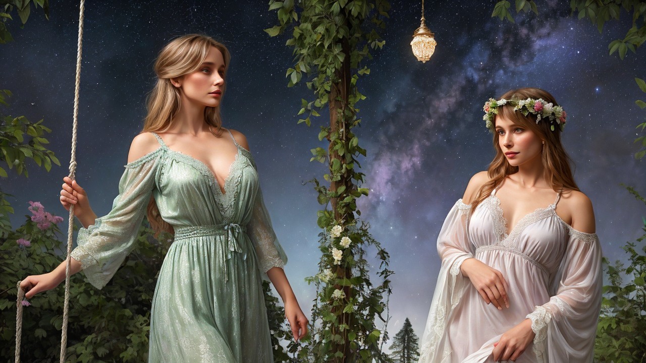 Elegant Women in Enchanted Forest at Night