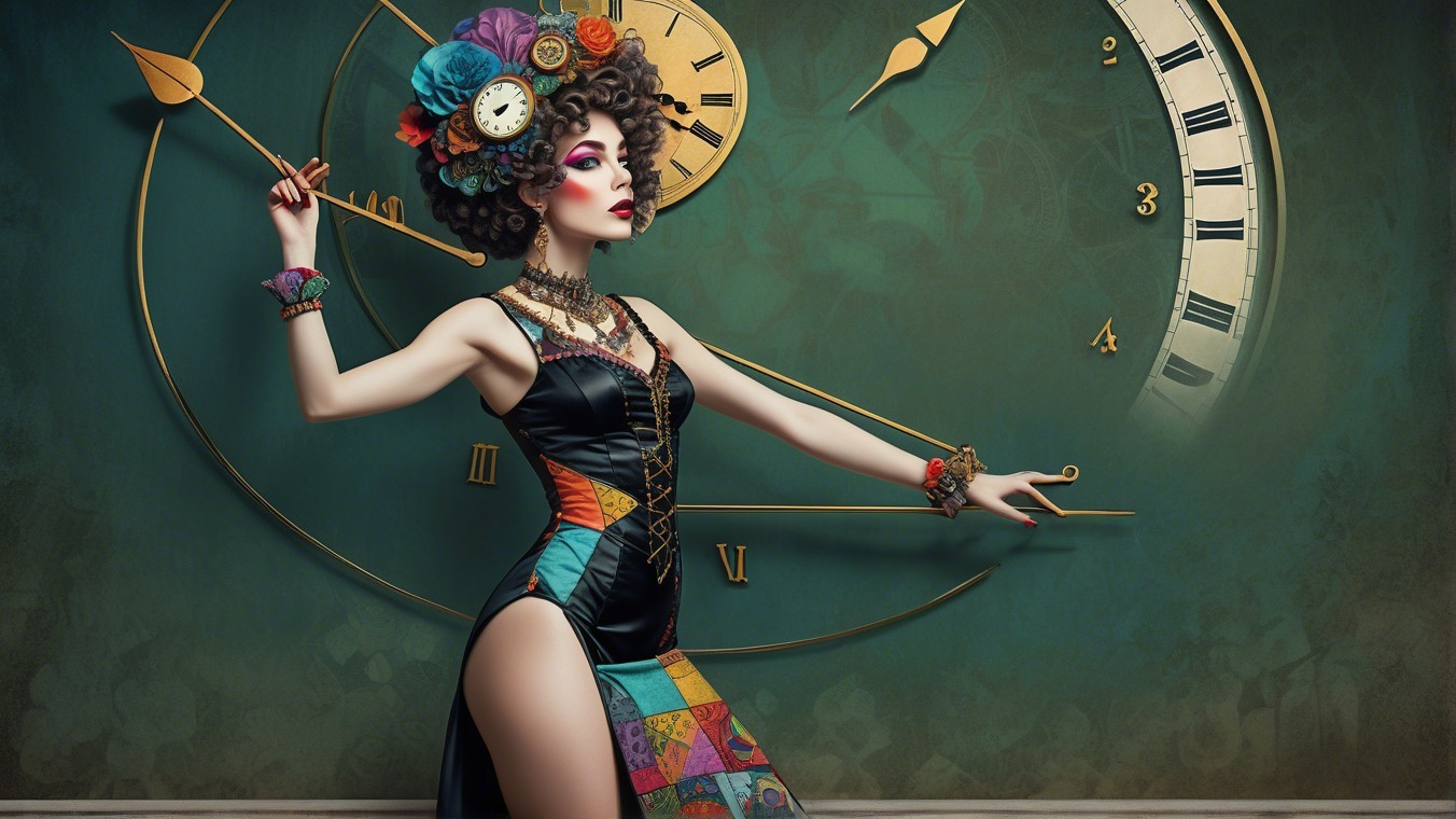 Stylish Dress with Vibrant Fabrics and Clock Motif