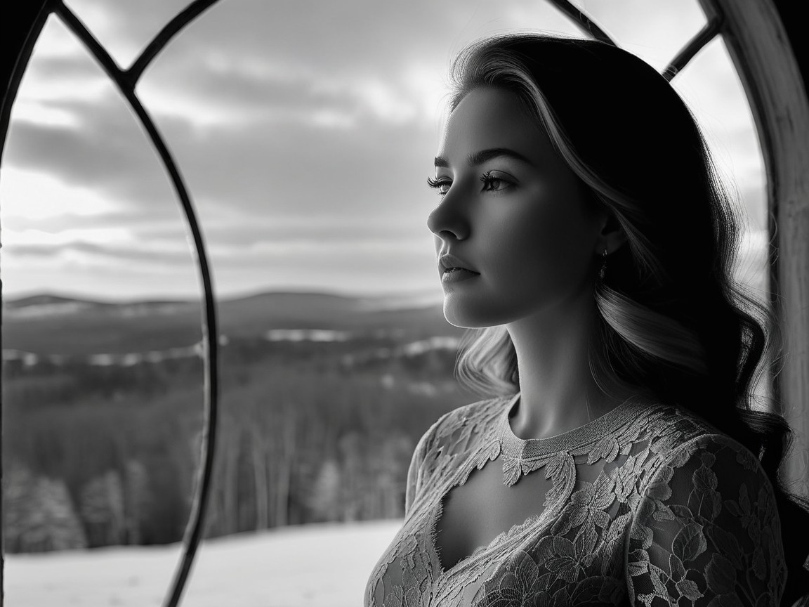 Black-and-white portrait of a woman by a window