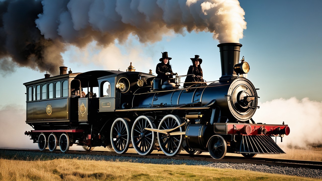 Vintage steam locomotive with white smoke and blue sky