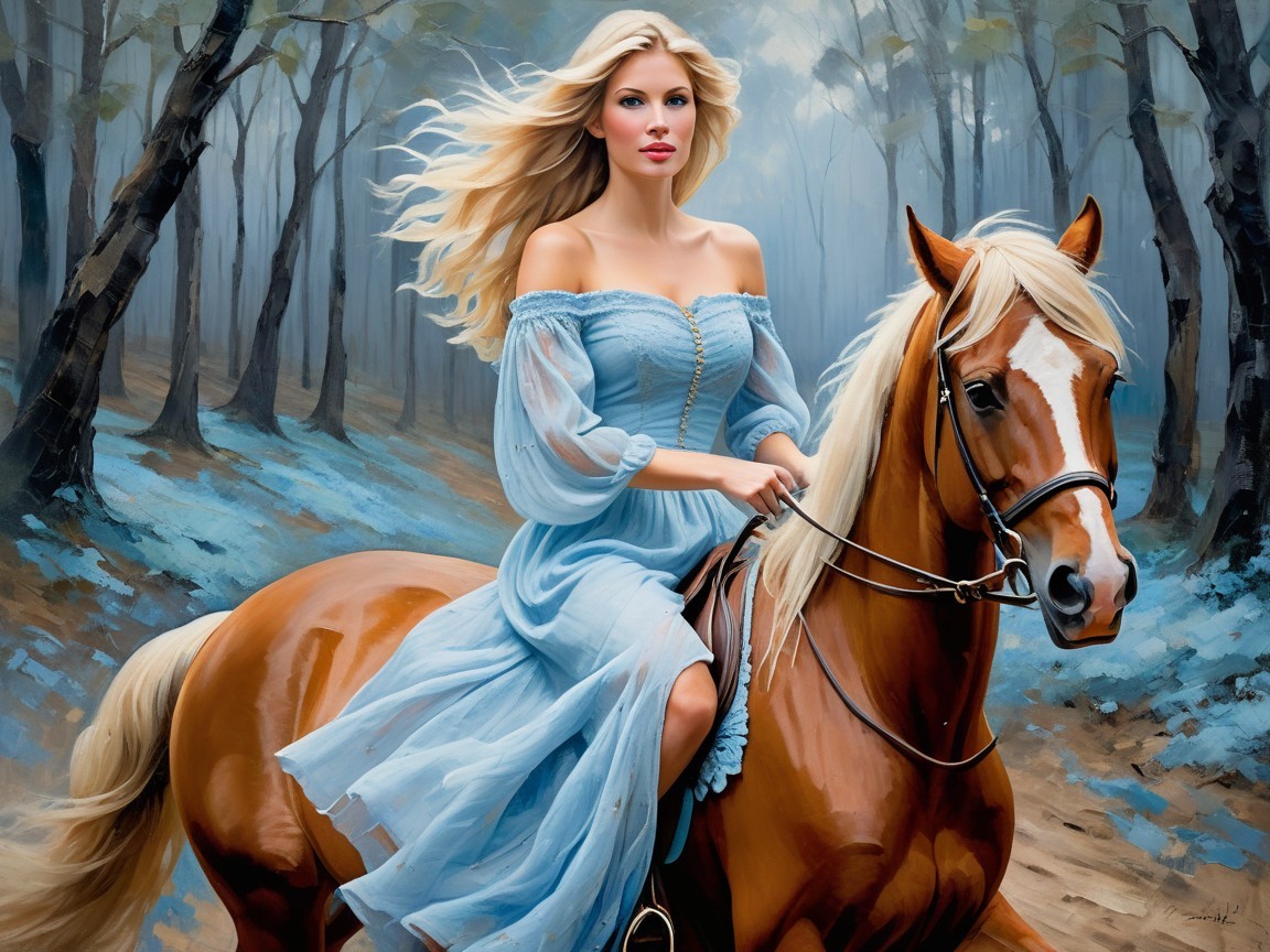Woman in light blue dress riding chestnut horse in forest