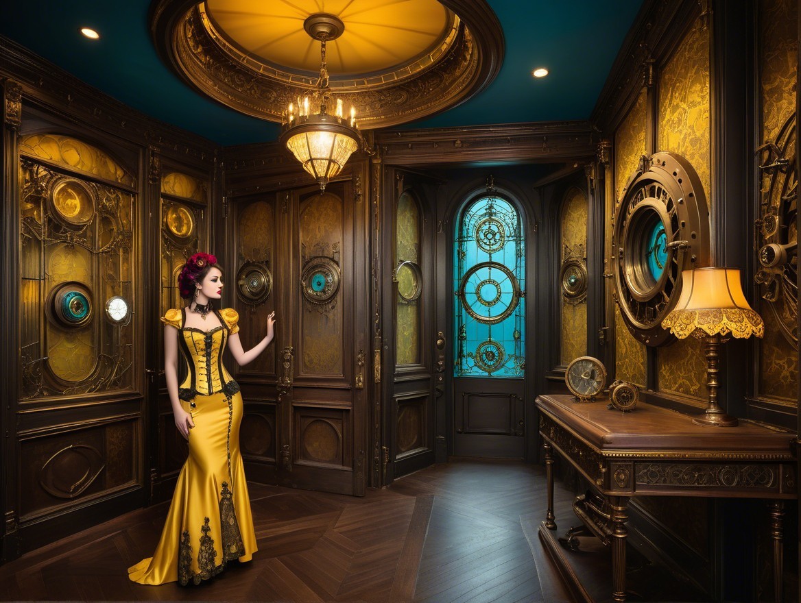 Elegant Woman in Yellow Gown in Steampunk Room
