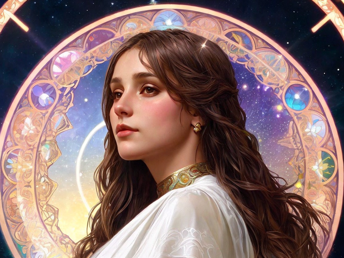 Woman in Elegant Garment with Celestial Background