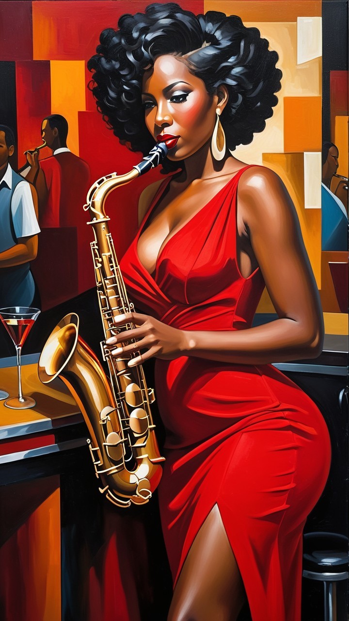 Glamorous Woman in Red Dress Playing Saxophone