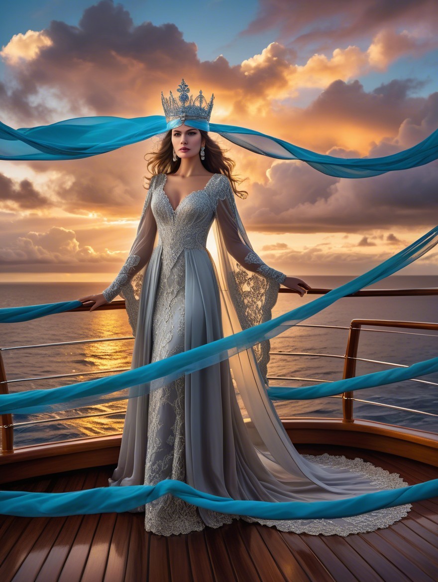 Regal figure on ship deck with sunset backdrop