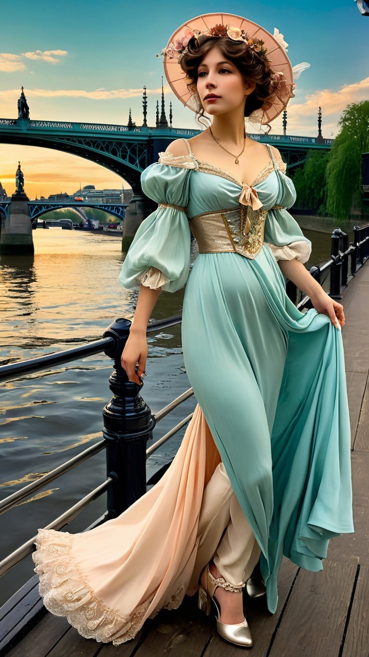 Young Woman in Mint-Green Gown by Tranquil River