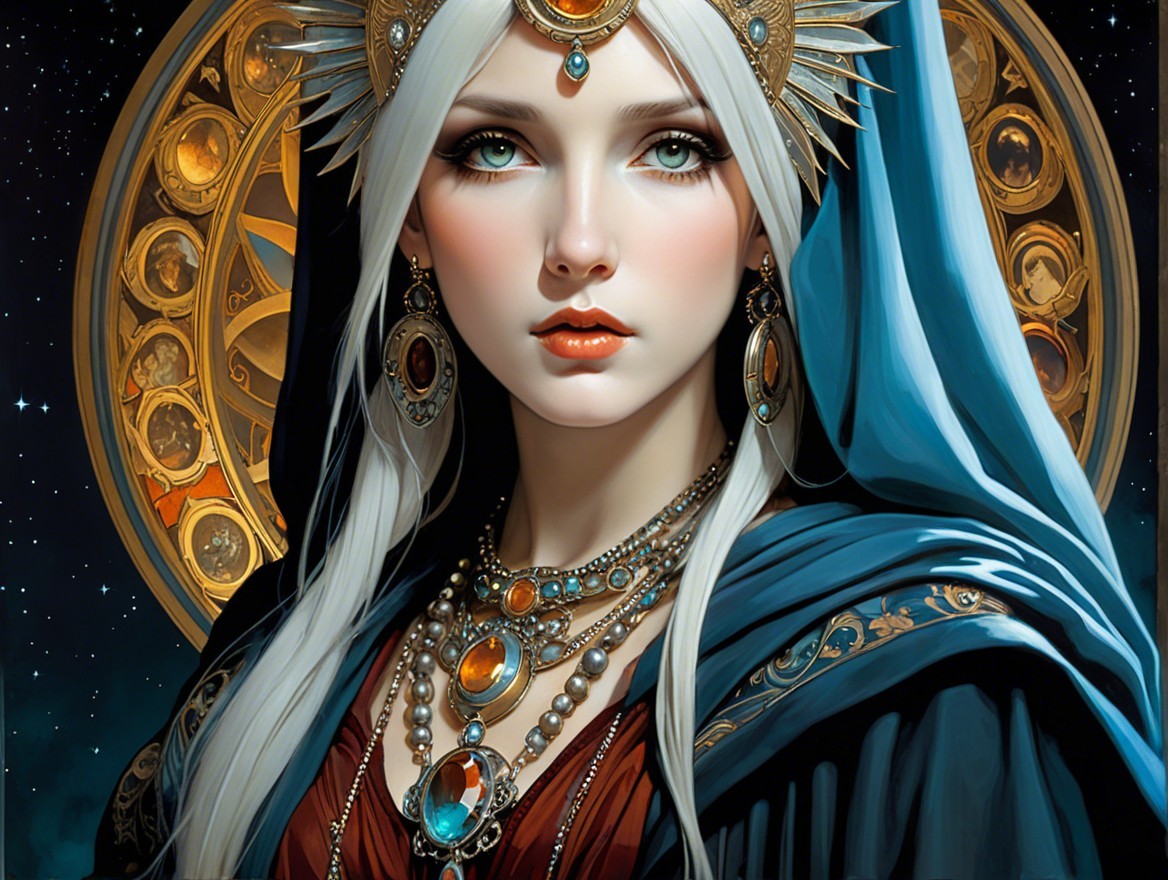 Striking woman in celestial crown against cosmic backdrop