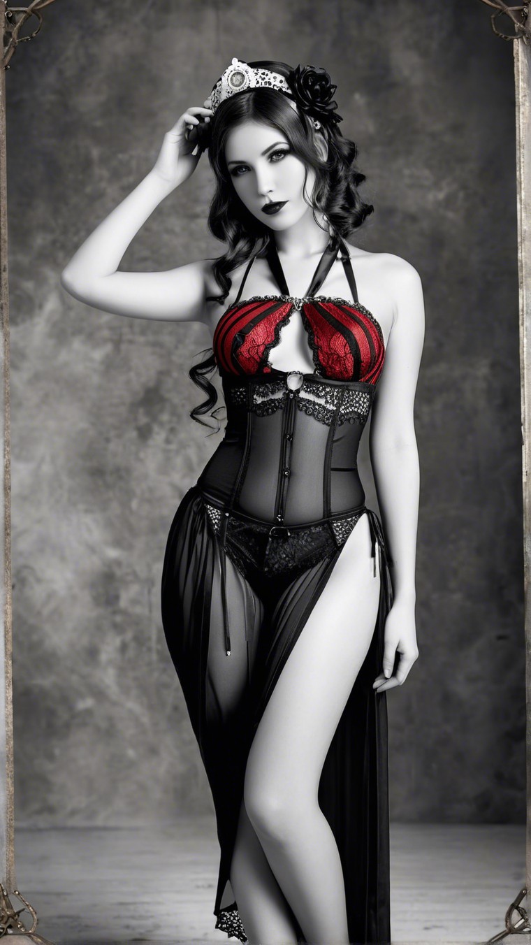 Black and White Photo of Elegant Woman in Lace Outfit