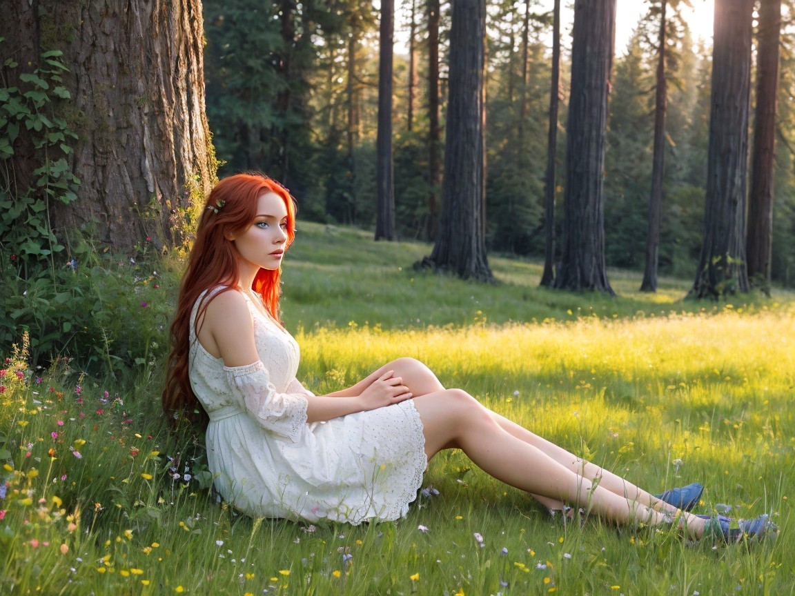 Young Woman in White Dress in Sunlit Forest Setting