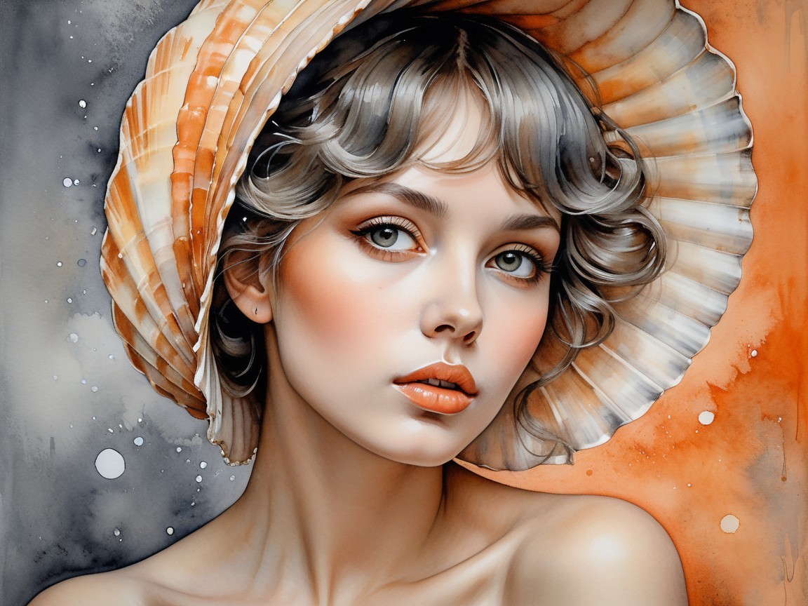 Elegant Woman with Shell Hat and Dreamy Background