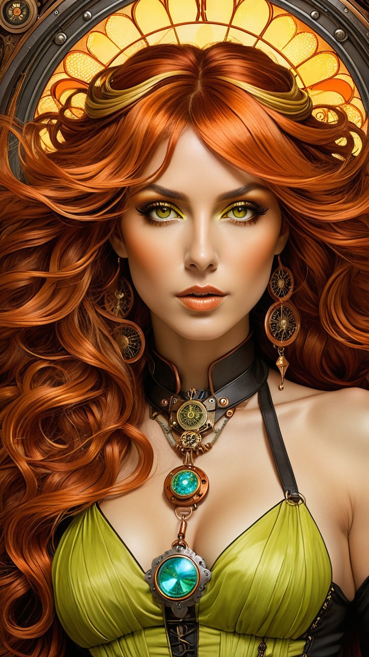Woman with Red Hair in Green Dress and Jewelry