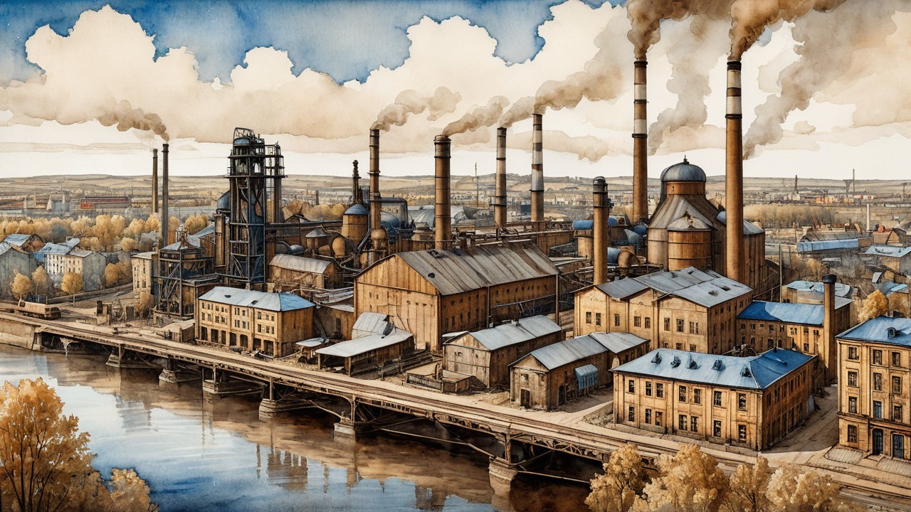 Industrial Complex by River with Smokestacks and Trees