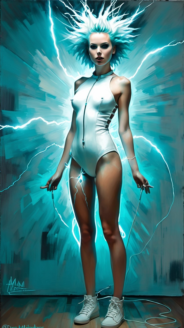 Futuristic figure in white bodysuit with electric aura