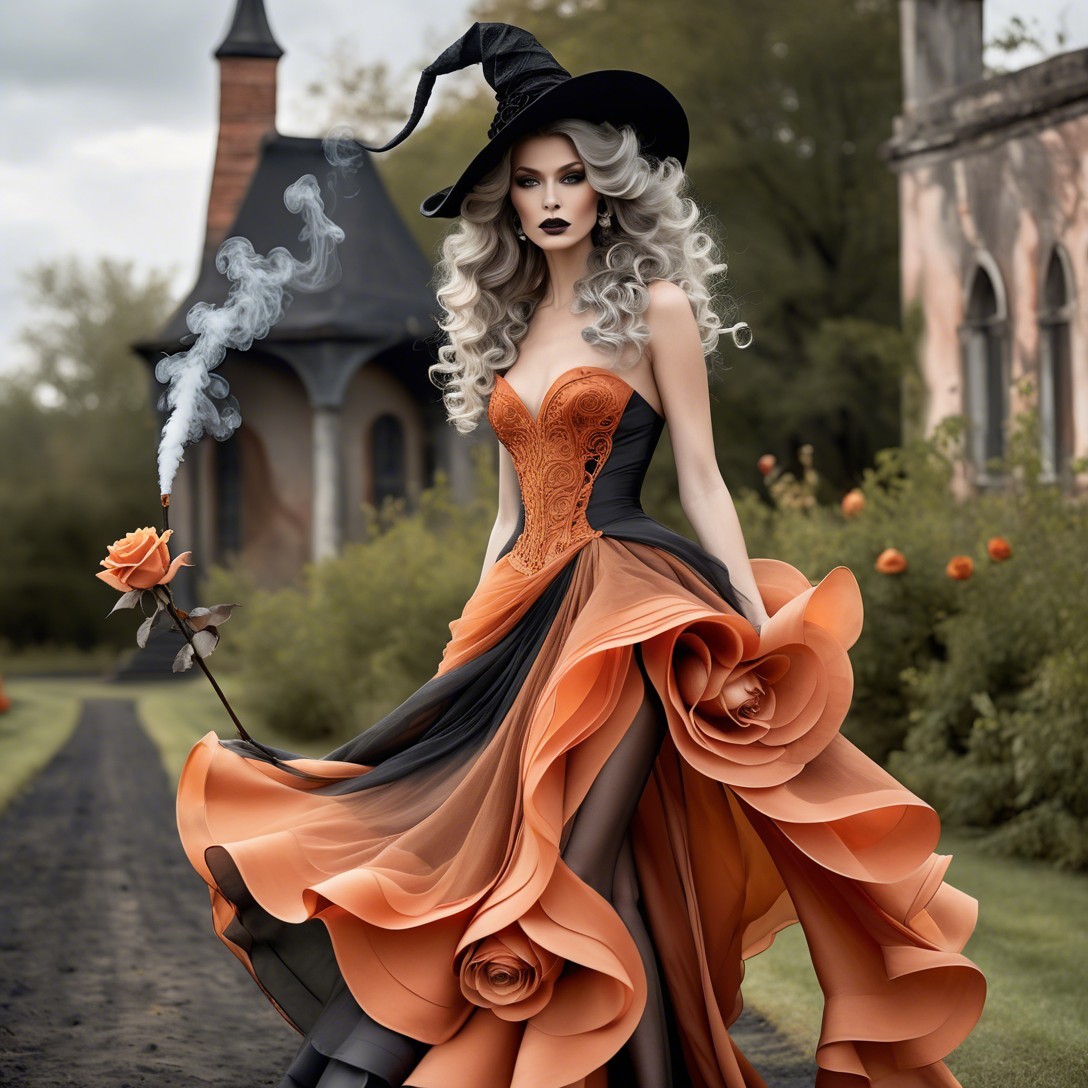 Witch in Gothic Attire Walking in Field Near Castle