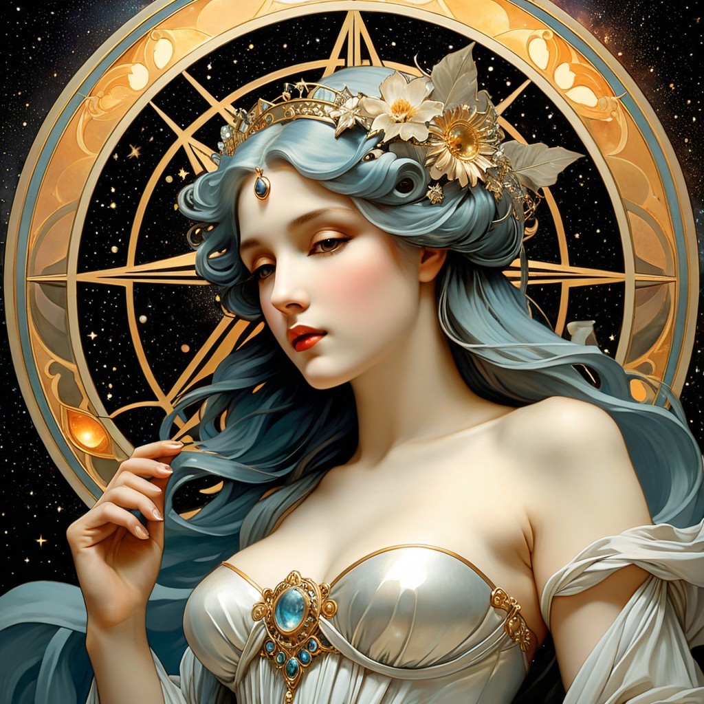 Serene Woman with Blue Hair in Celestial Setting