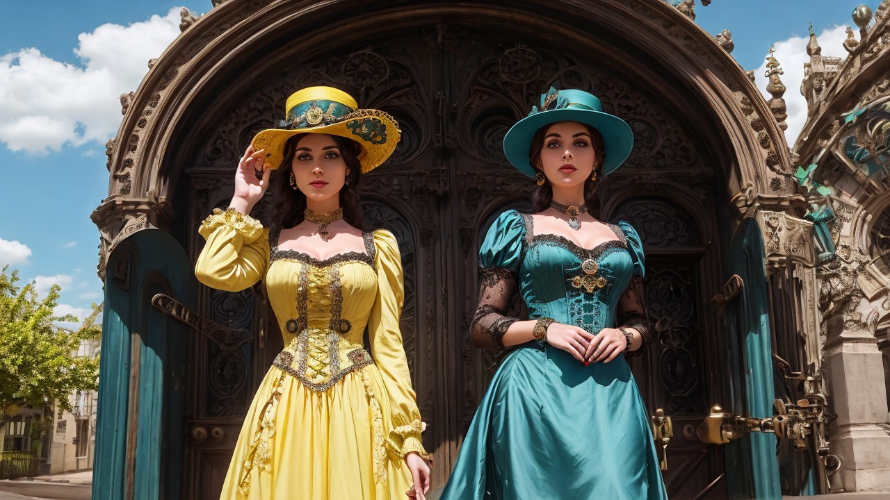 Elegant Women in Vibrant Gowns at Grand Entrance
