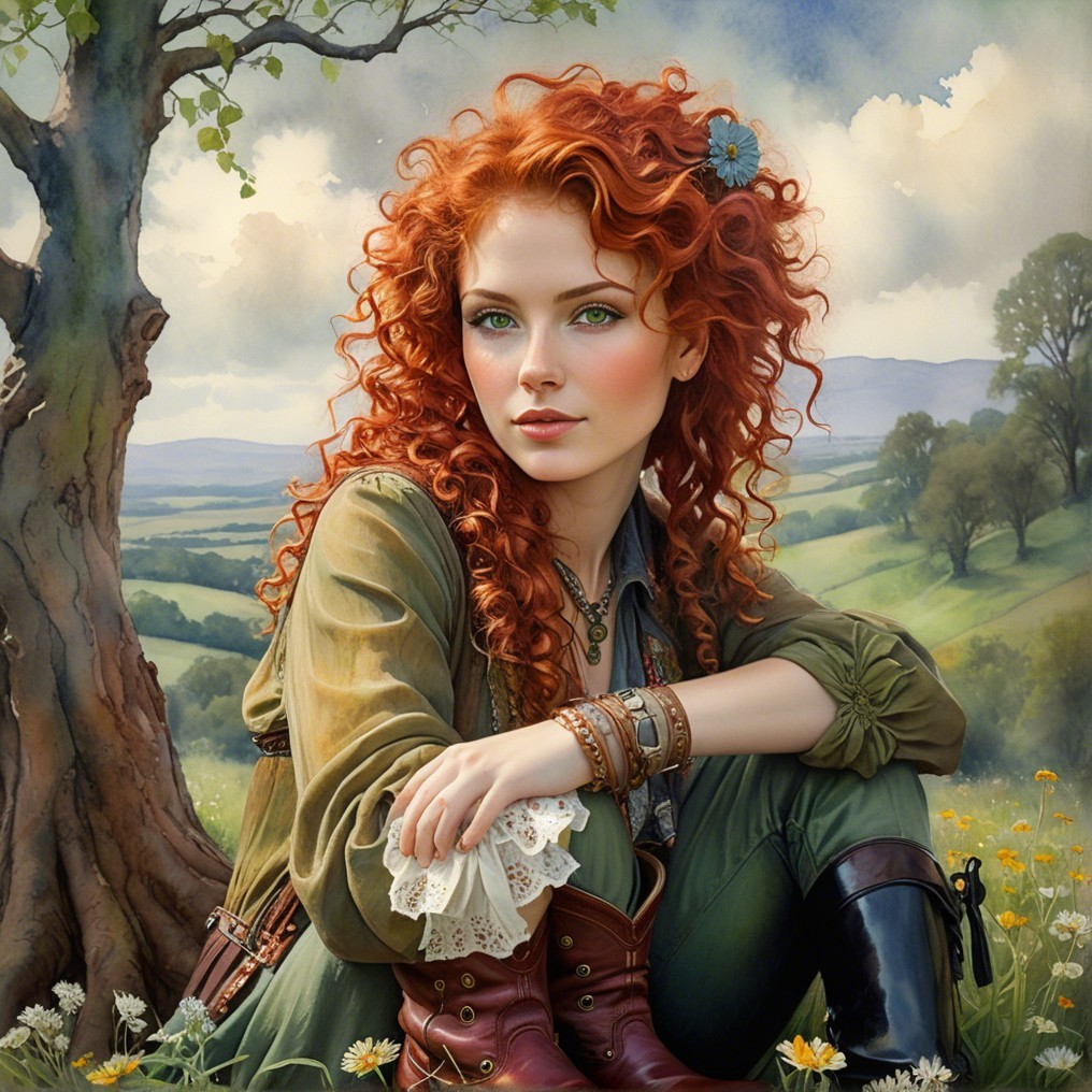 Young woman with red curls in a green landscape