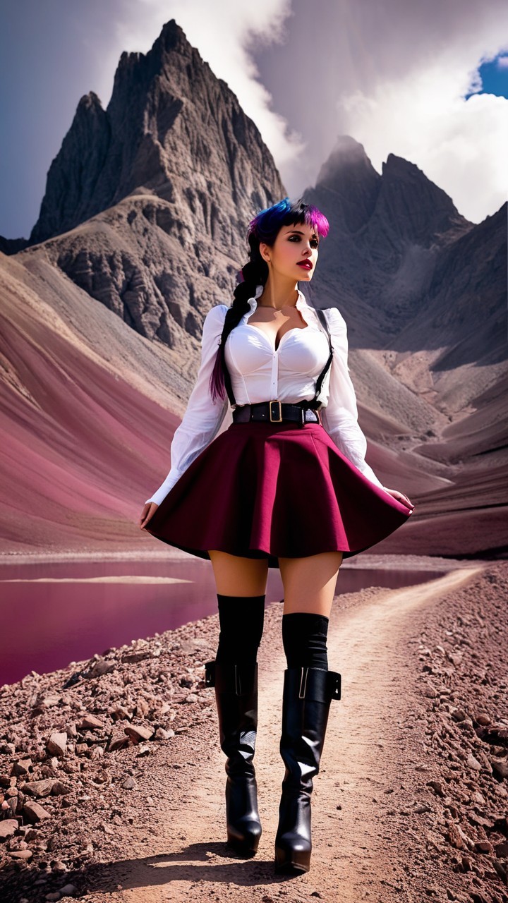 Confident Figure on Rugged Path with Mountains and Water