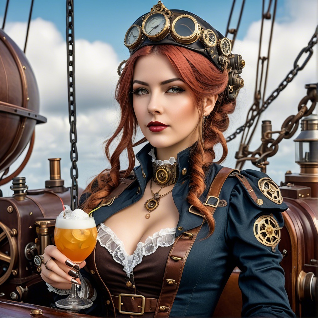 Steampunk Woman on Airship with Azure Sky Background