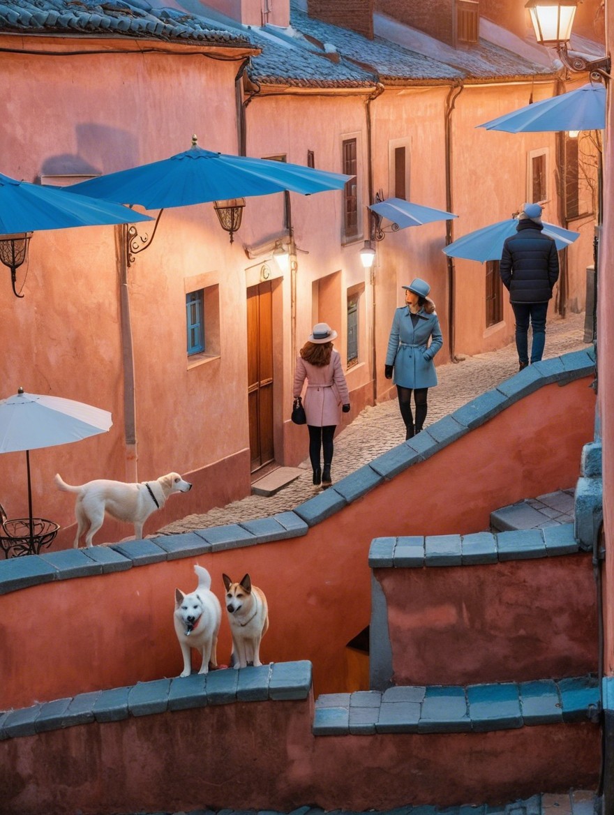 Pastel-Colored Street Scene with Umbrellas and Dogs