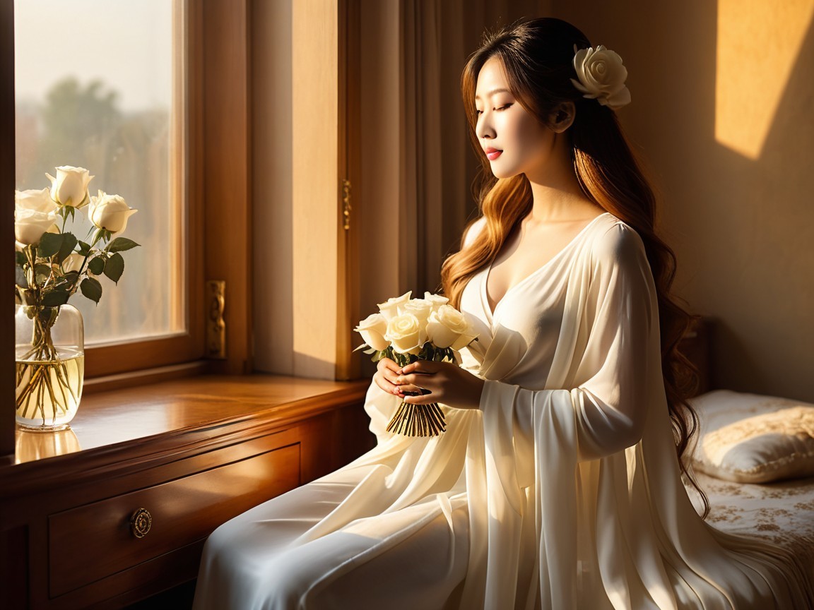 Woman in White Gown by Sunlit Window with Roses