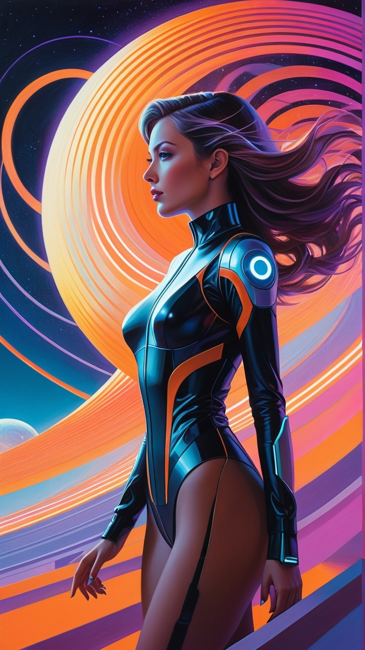 Futuristic figure in cosmic backdrop with glowing suit