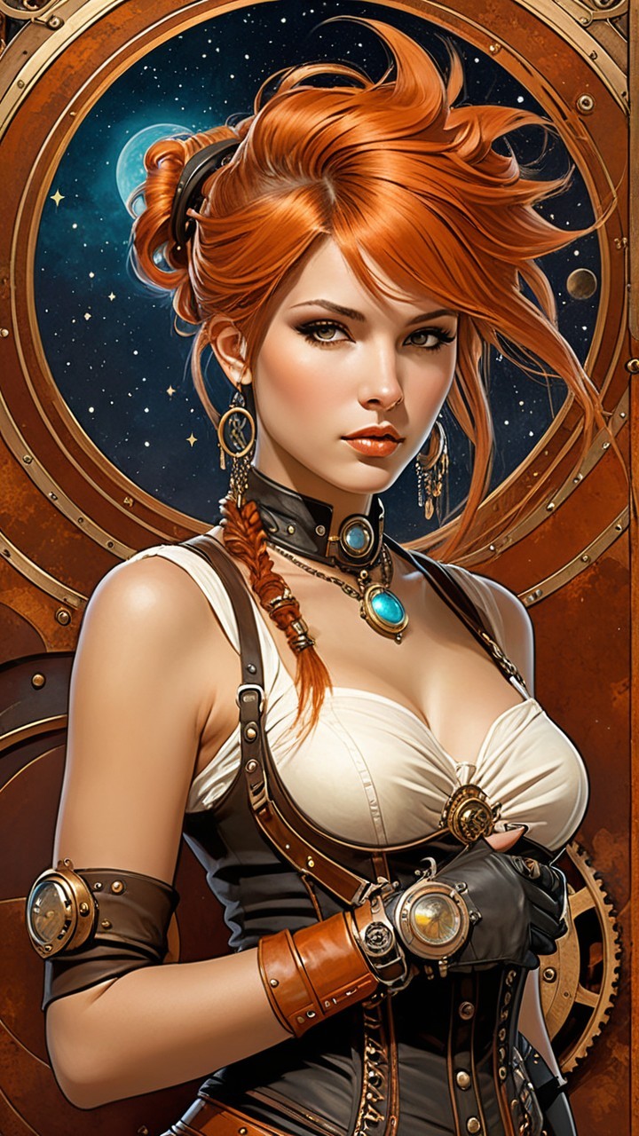 Young woman in steampunk outfit against cosmic backdrop