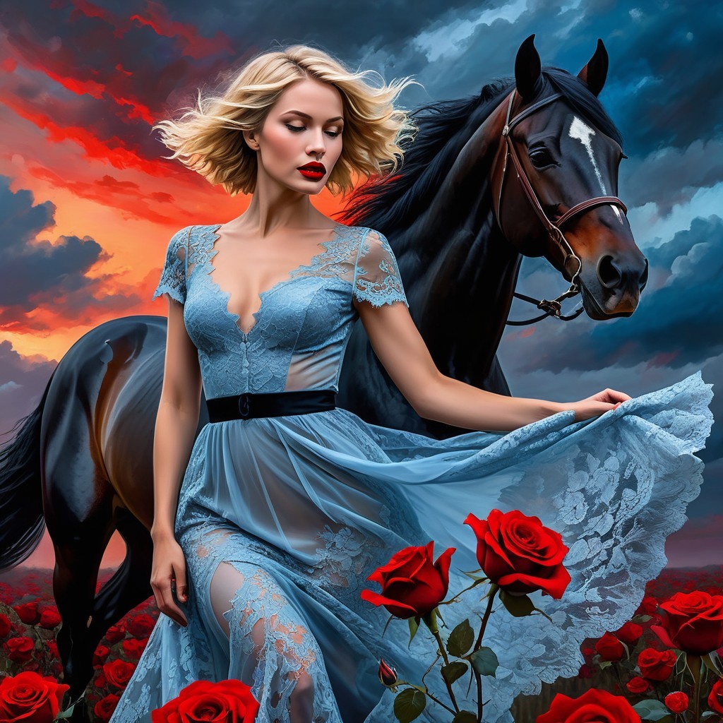 Woman in Blue Gown with Black Horse and Roses
