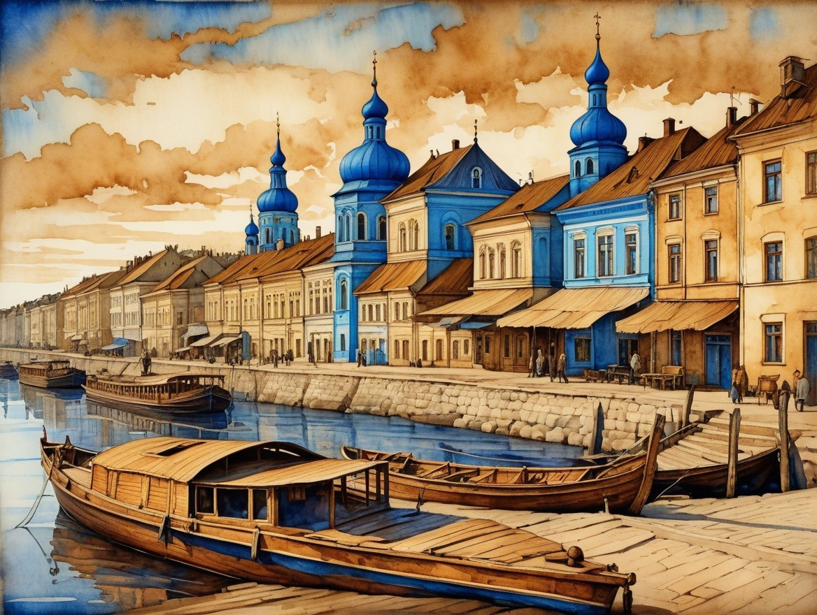 Serene waterfront scene with boats and blue-domed buildings