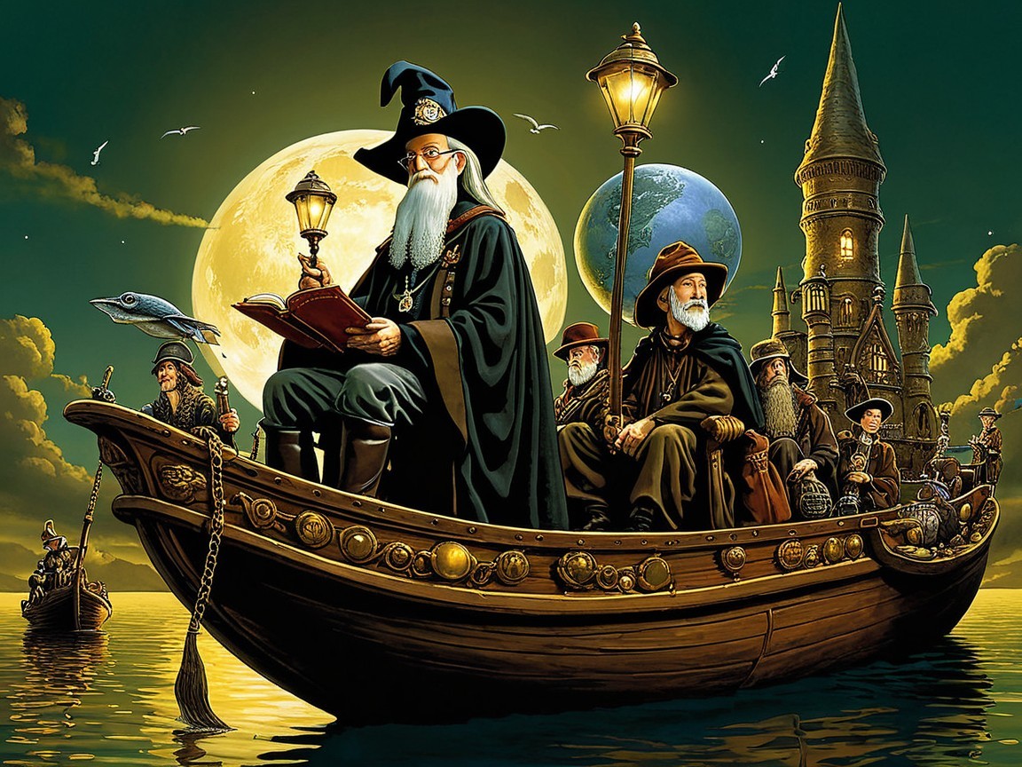 Wizards in Robes Sailing Under Moonlight Toward Castle