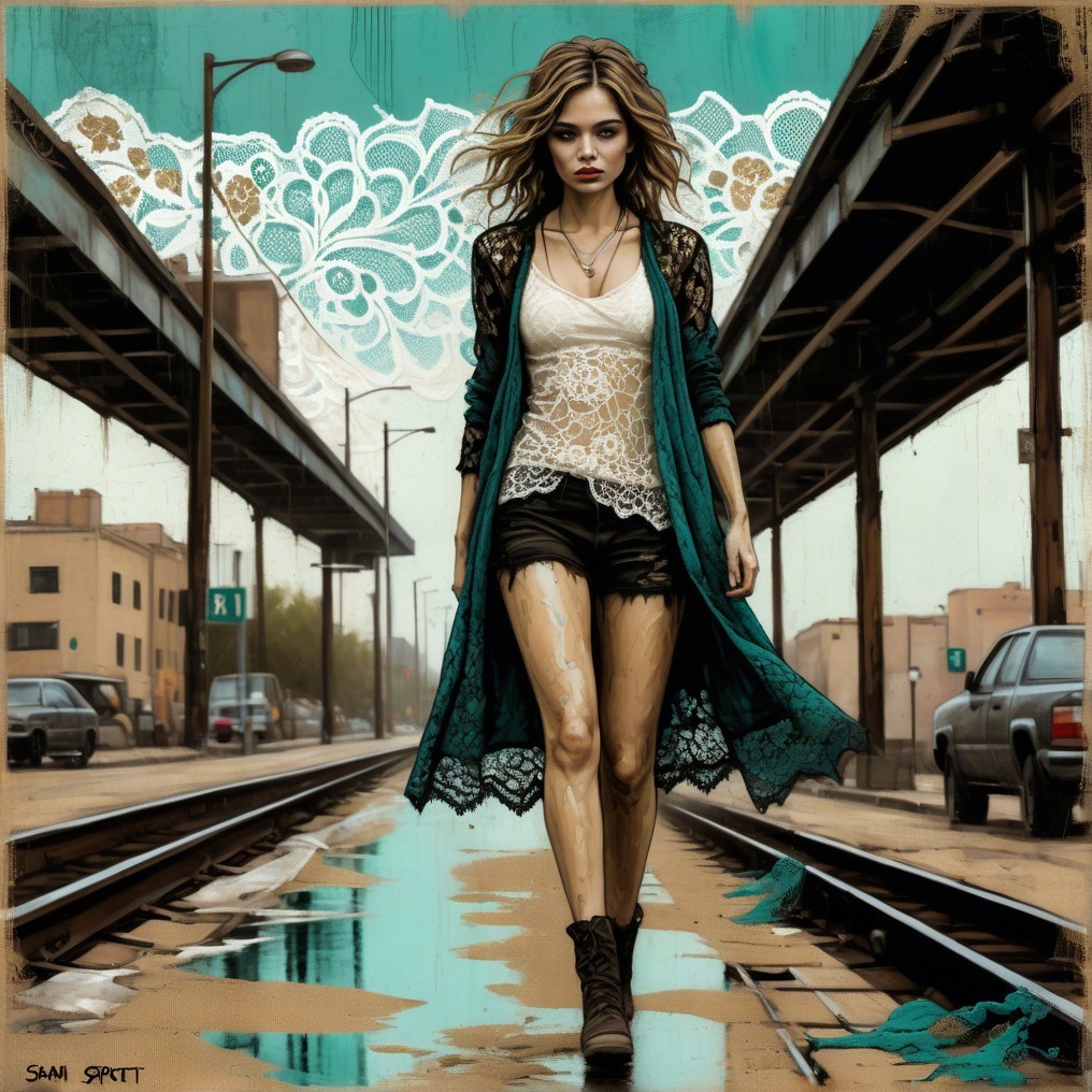 Young woman in teal cardigan on urban train track