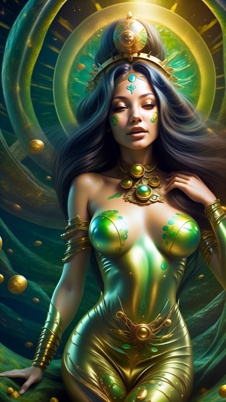 Celestial Figure in Gold and Emerald Attire
