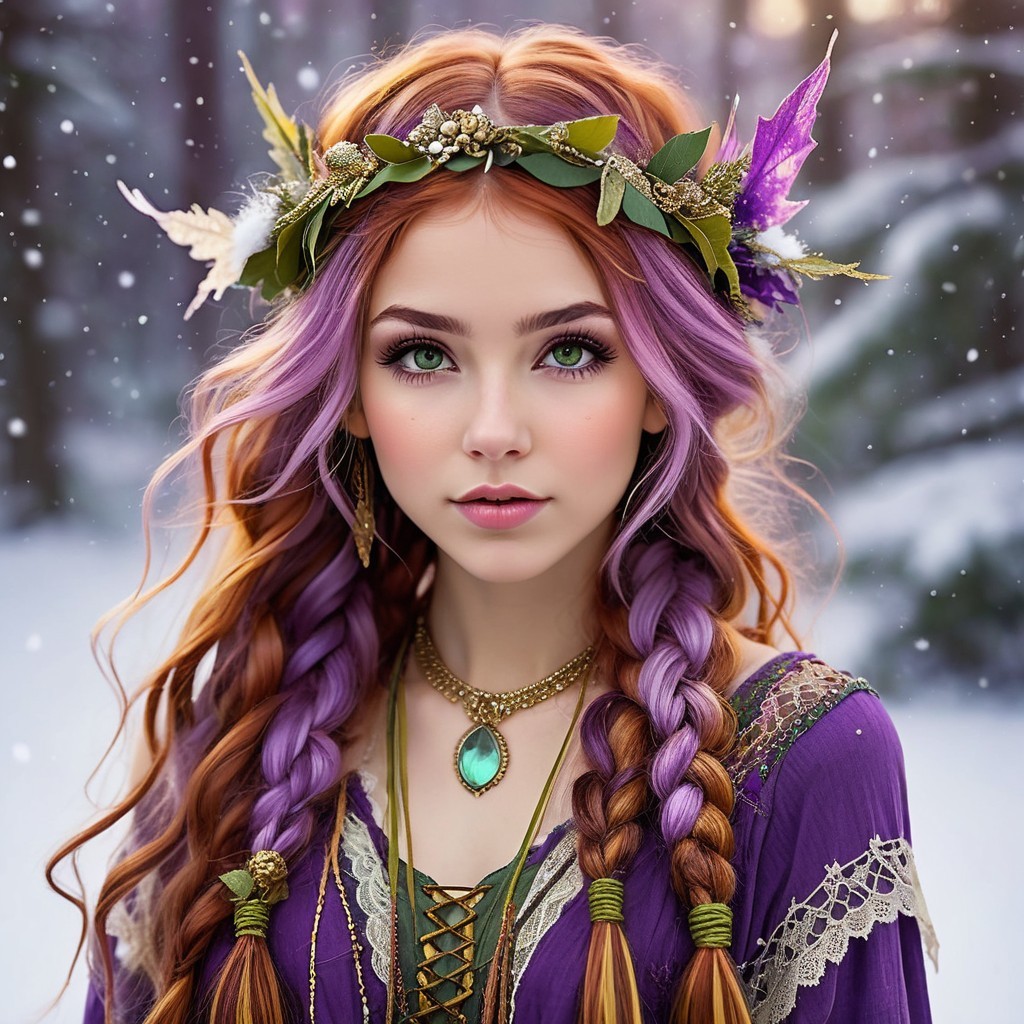 Young woman in purple dress with floral crown in forest