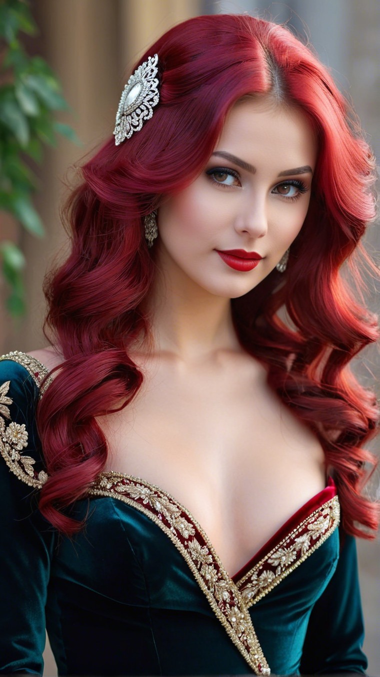 Elegant Woman in Green Velvet Dress with Red Hair