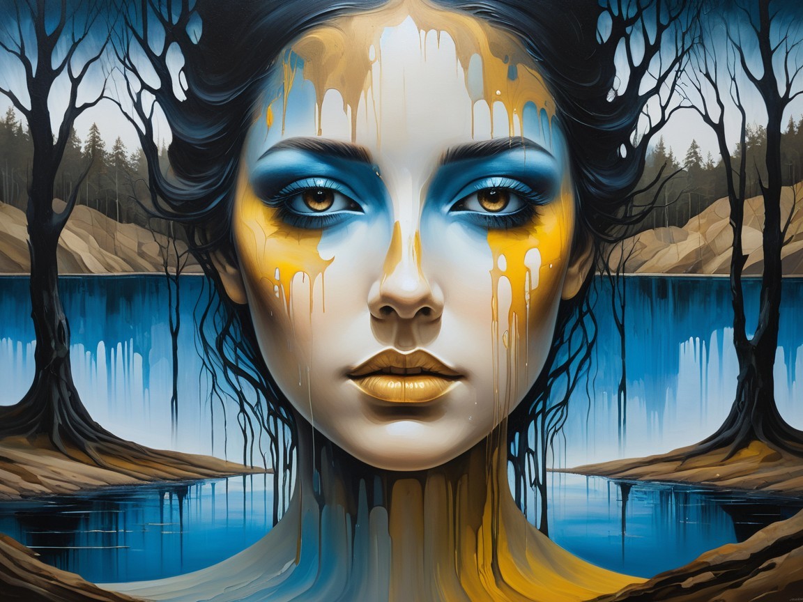 Portrait of a Woman with Blue and Gold Paint Drips