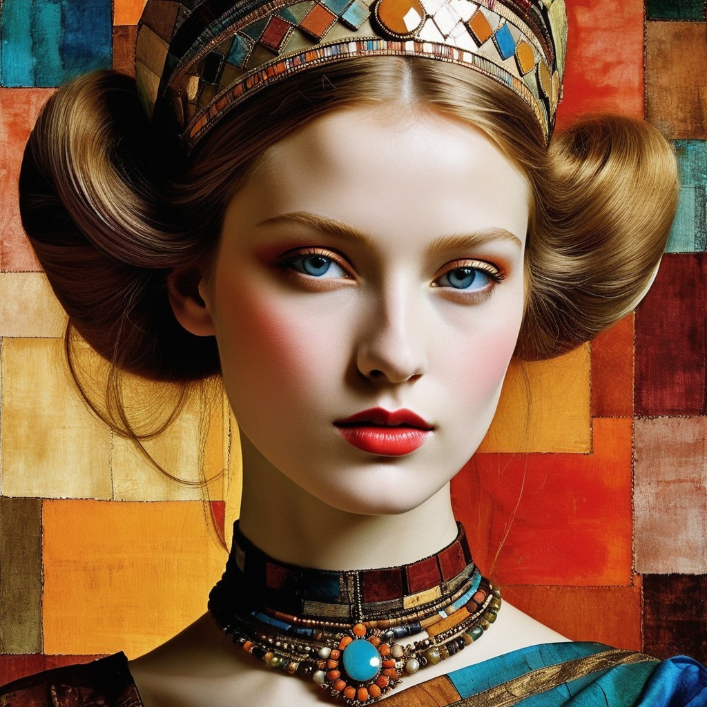 Young Woman in Colorful Gown with Geometric Background