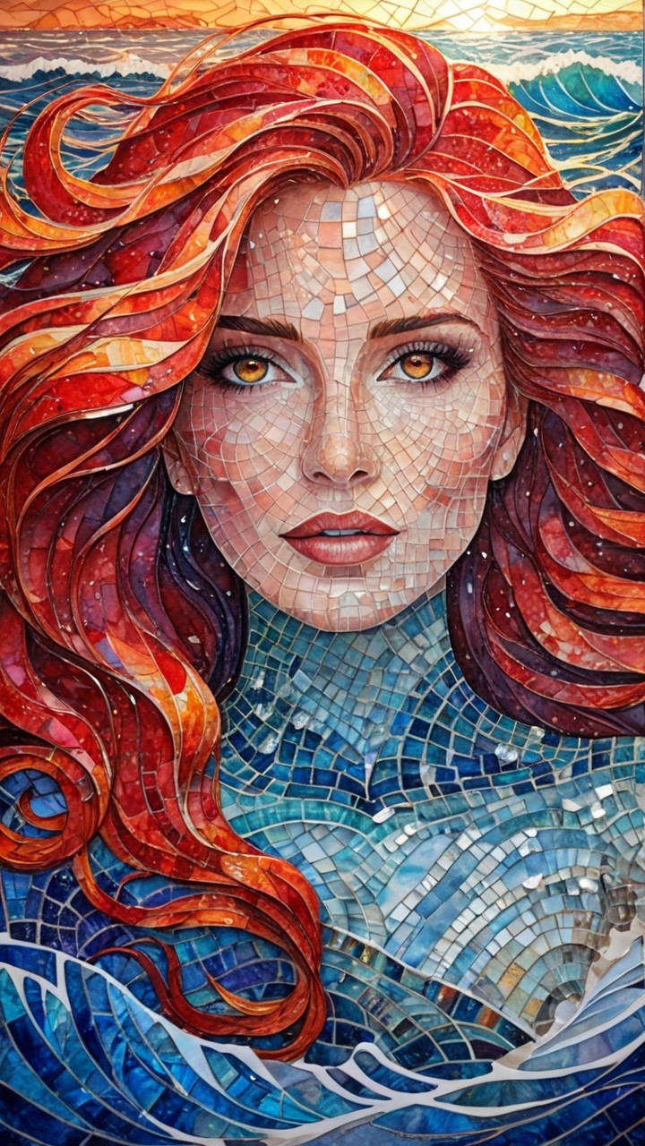 Mosaic Portrait of a Woman with Red Hair and Amber Eyes