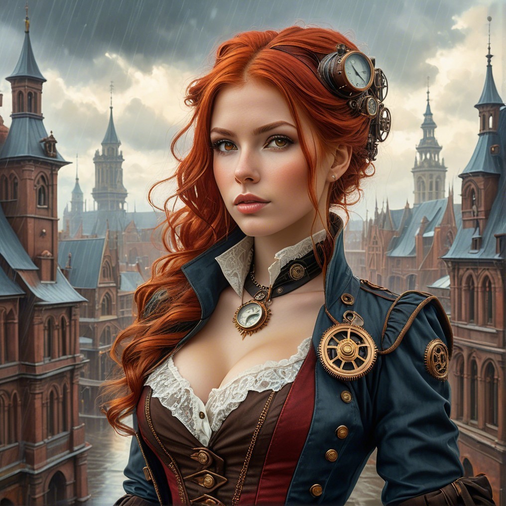 Steampunk Woman in Cityscape with Red Hair and Outfit