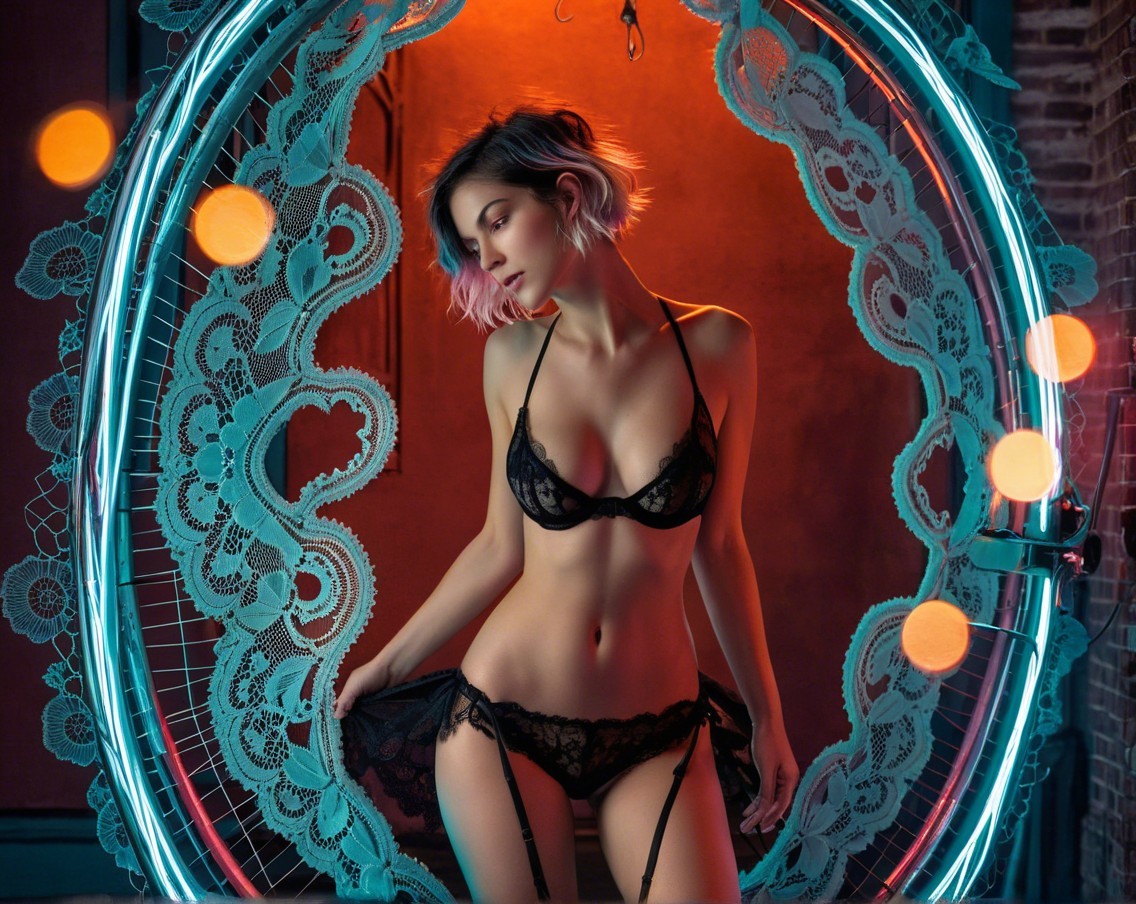 Model in Black Lingerie within Lace Frame with Lights