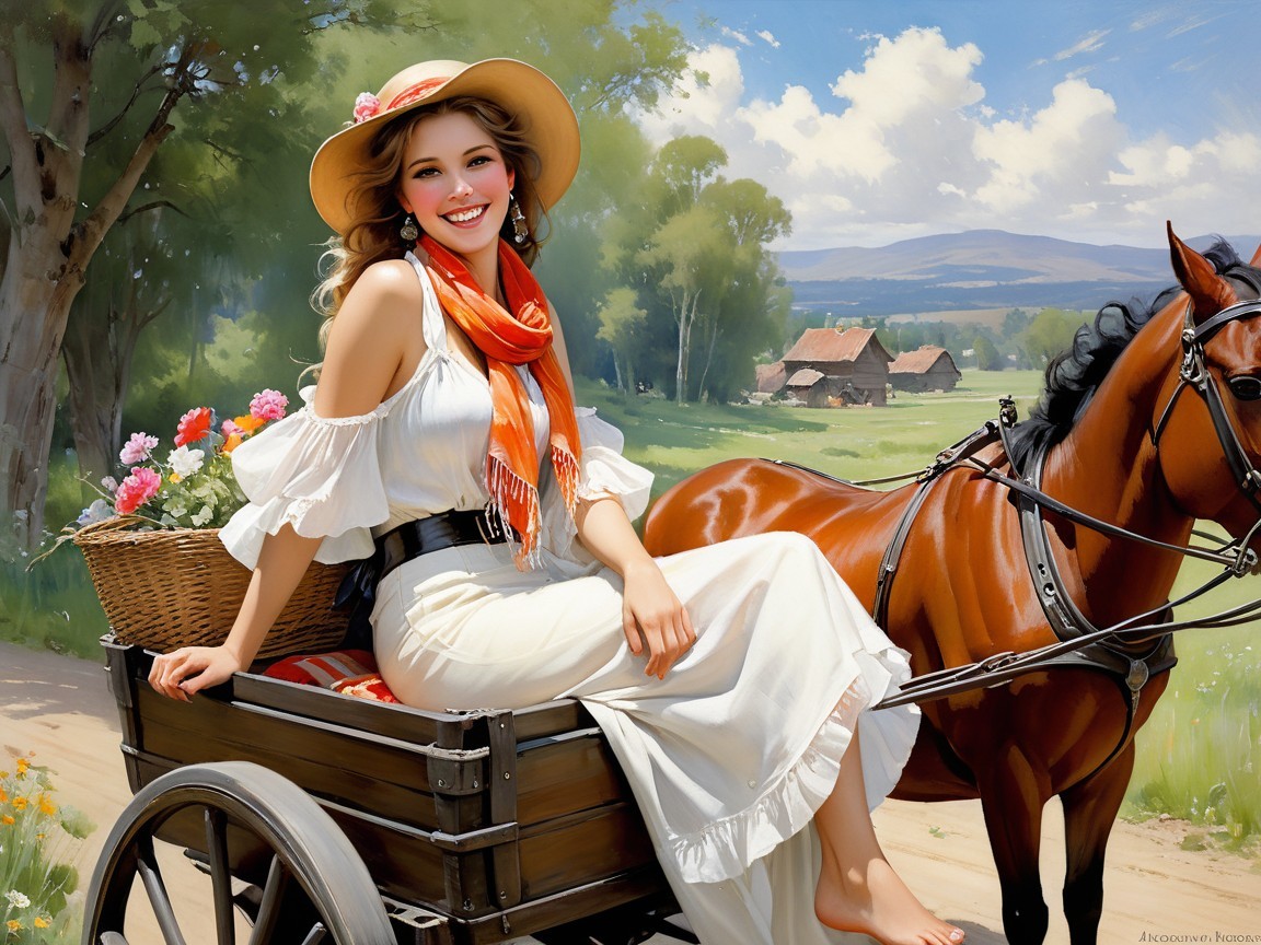 Cheerful Woman in Hat with Flowers in Countryside Cart