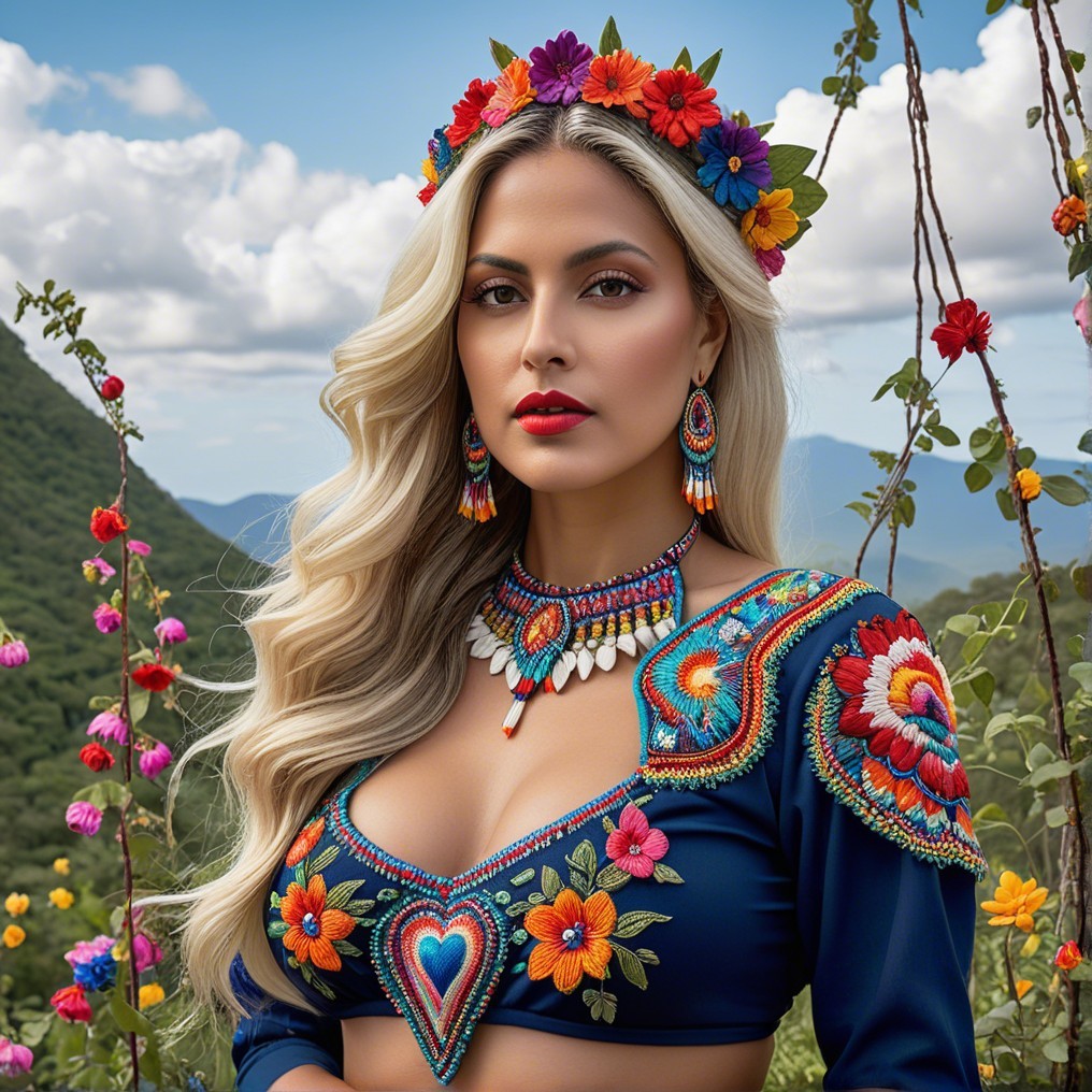 Elegant Woman in Vibrant Embroidered Outfit Amidst Nature
